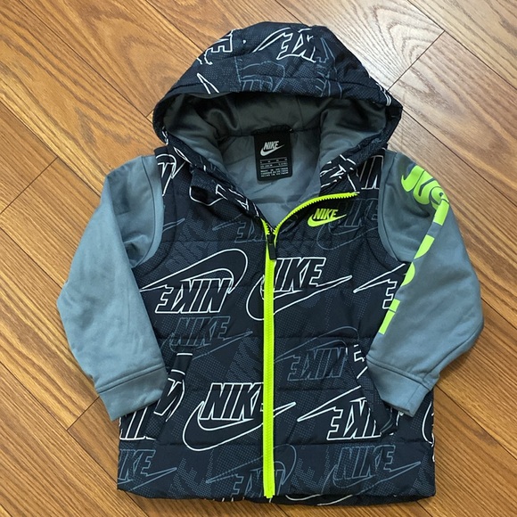 Nike Therma boys full zip puffer hoodie padded mock vest jacket black / volt M - Picture 12 of 13